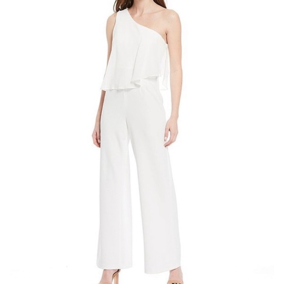 Calvin Klein Pants - Calvin Klein One Shoulder Chiffon Jumpsuit Size 10 NWT ivory | winter white